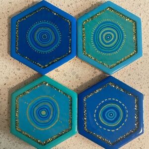 Handmade Hexagon Resin Evil Eye Coaster Set in Blue & Teal with Gold Accents